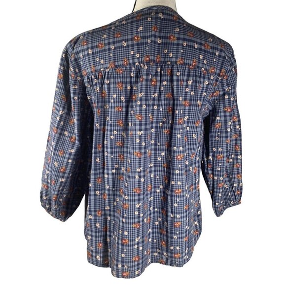 Toad & Co Womens XS Blue Plaid Floral Embroidered 3/4 Sleeve Blouse 100% Cotton - Picture 3 of 11